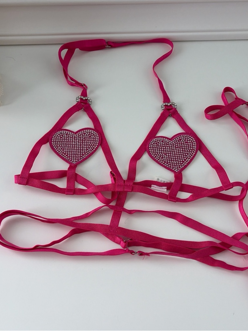 Hot Pink Heart Rhinestone Strappy Bralette